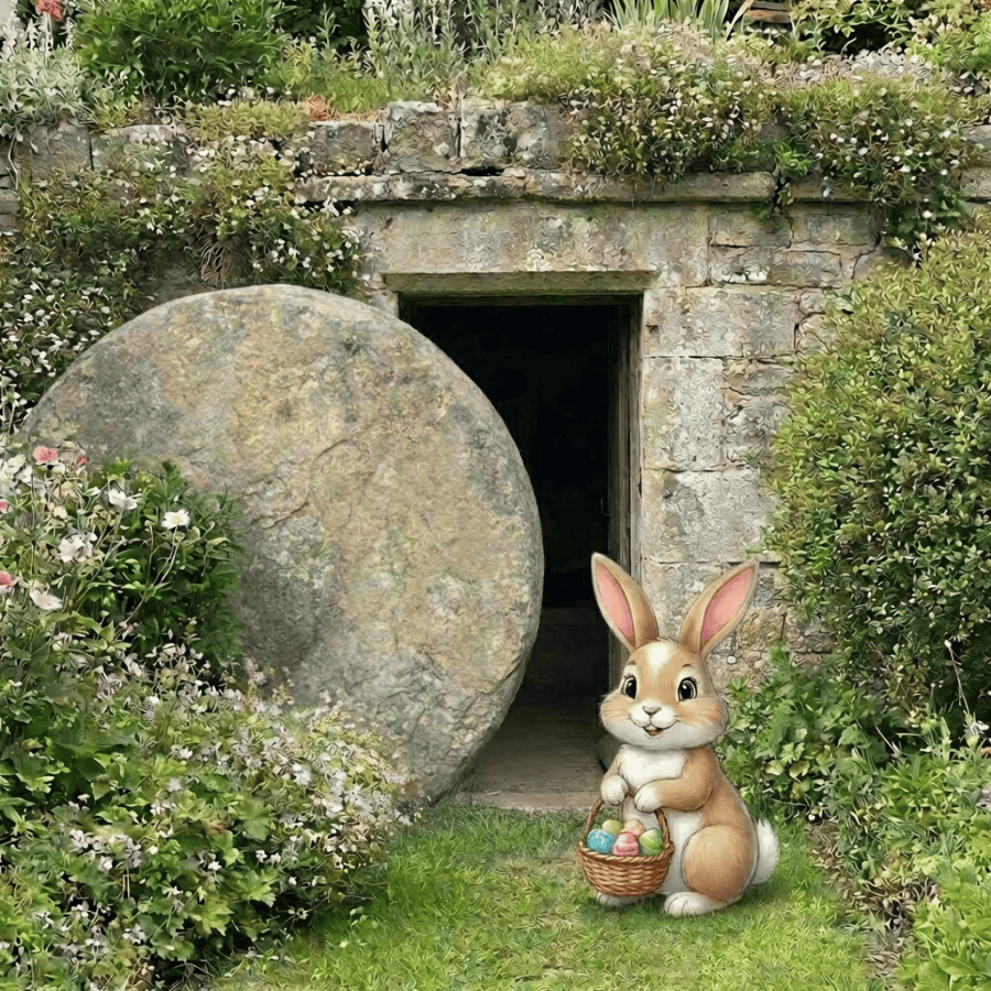 Cartoon Easter Bunny with a basket sitting before an open garden tomb.