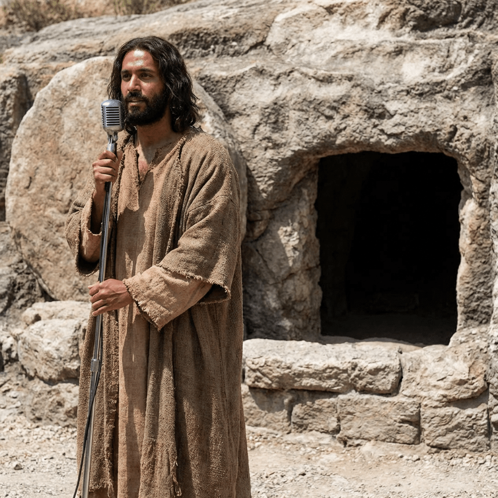 Bearded man in ancient robes holding a microphone in front of a rock tomb.