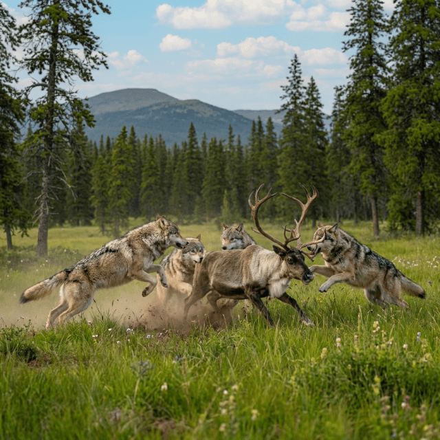 Wolves and reindeer running through deep snow in a frost-covered pine forest.