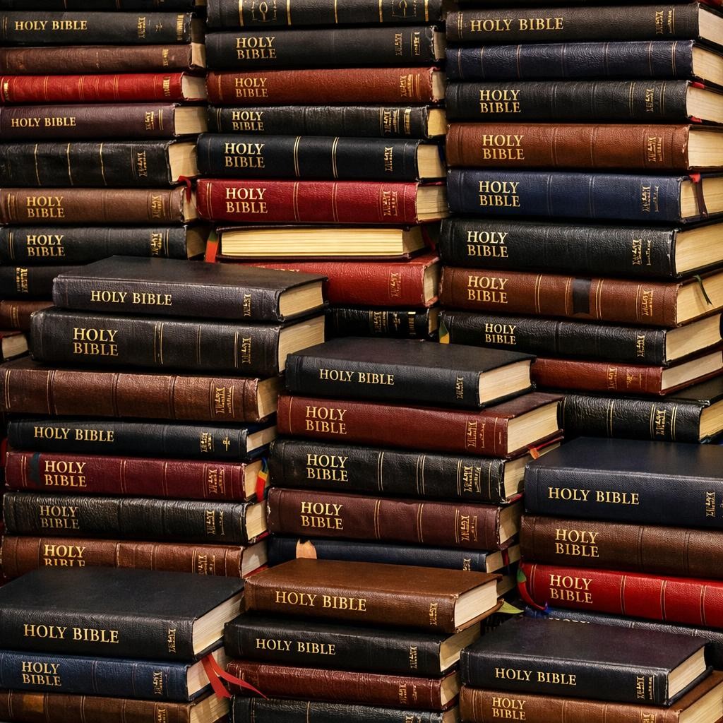 Multiple leather-bound Holy Bibles stacked closely together in various colors