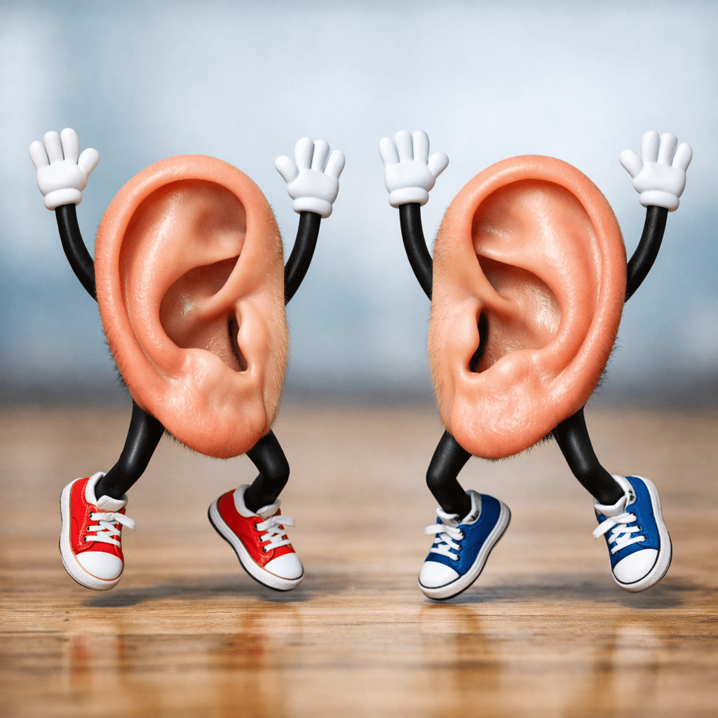 Two ears with cartoon arms, legs, gloves, and sneakers dancing