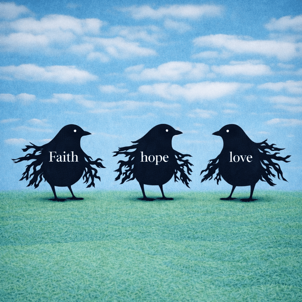 Black wings made of scattered words like hope, faith, love, and sorrow