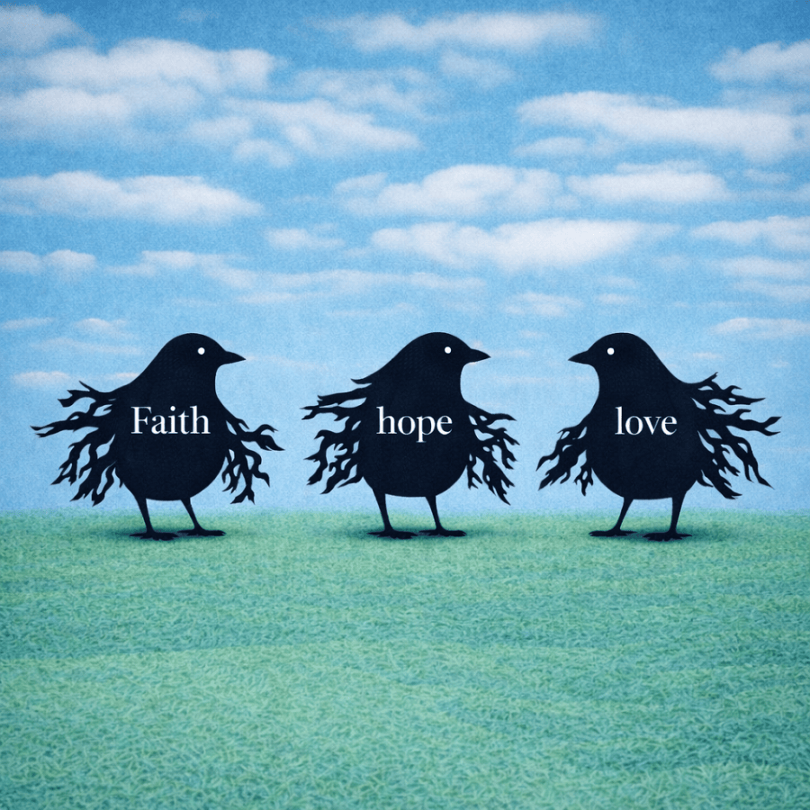 Black wings made of scattered words like hope, faith, love, and sorrow