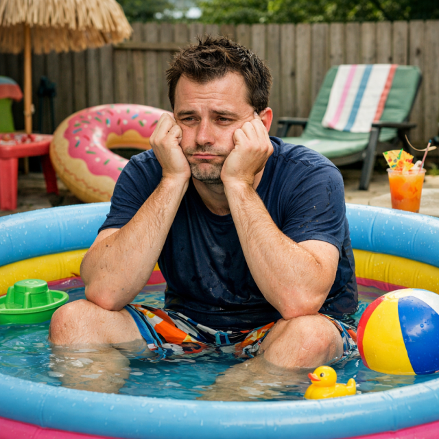 Bored grown man sitting in shallow pool