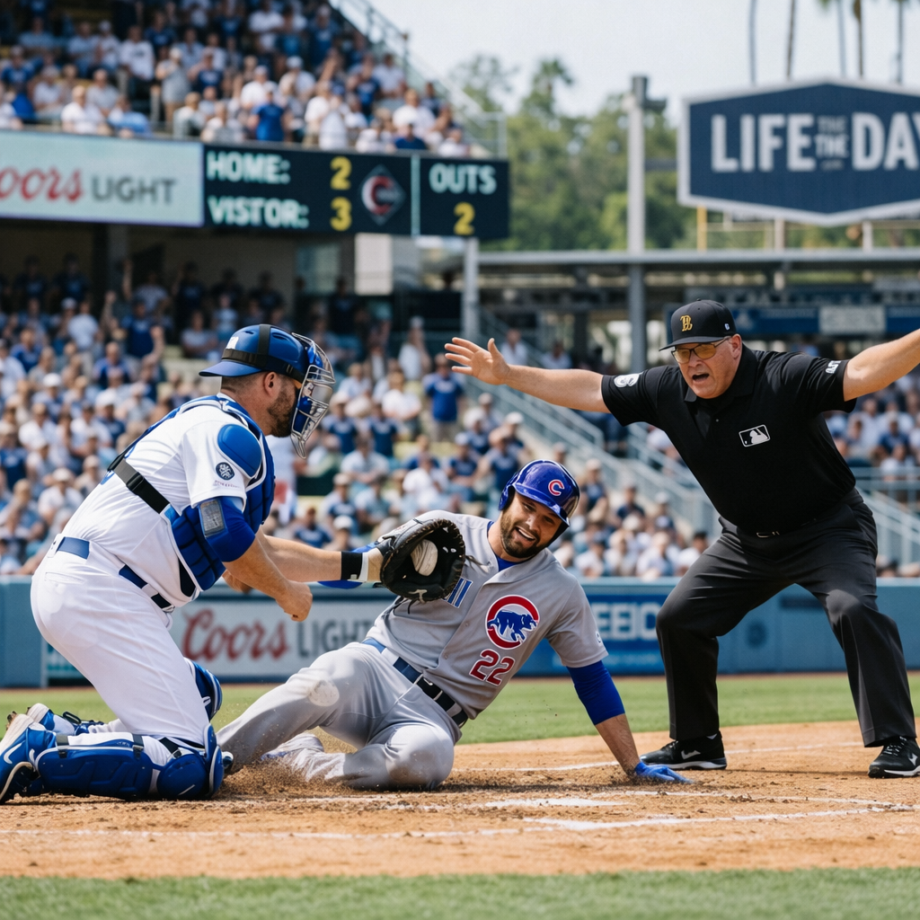 Chicago Cubs player sliding into home plate while catcher tries to tag him and umpire signals play