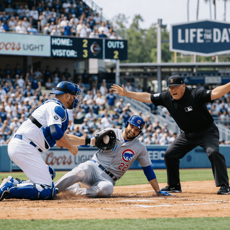 Chicago Cubs player sliding into home plate while catcher tries to tag him and umpire signals play