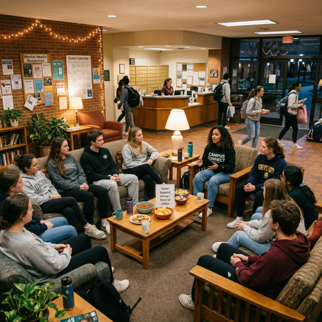 Group of students seated in a dorm lounge having a mental health support meeting