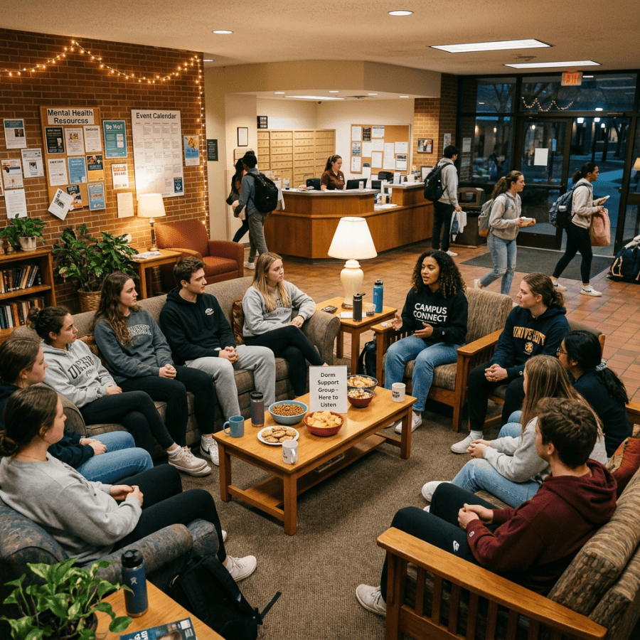 Group of students seated in a dorm lounge having a mental health support meeting