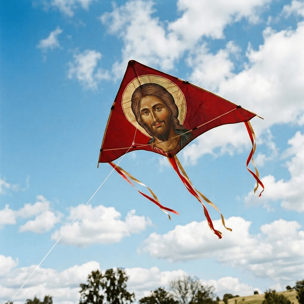 Red kite with Jesus Christ image flying in blue sky with clouds