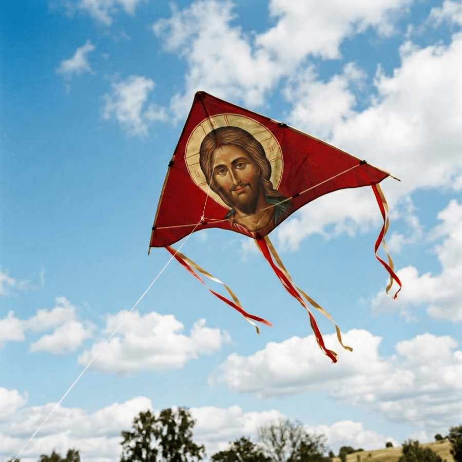 Red kite with Jesus Christ image flying in blue sky with clouds