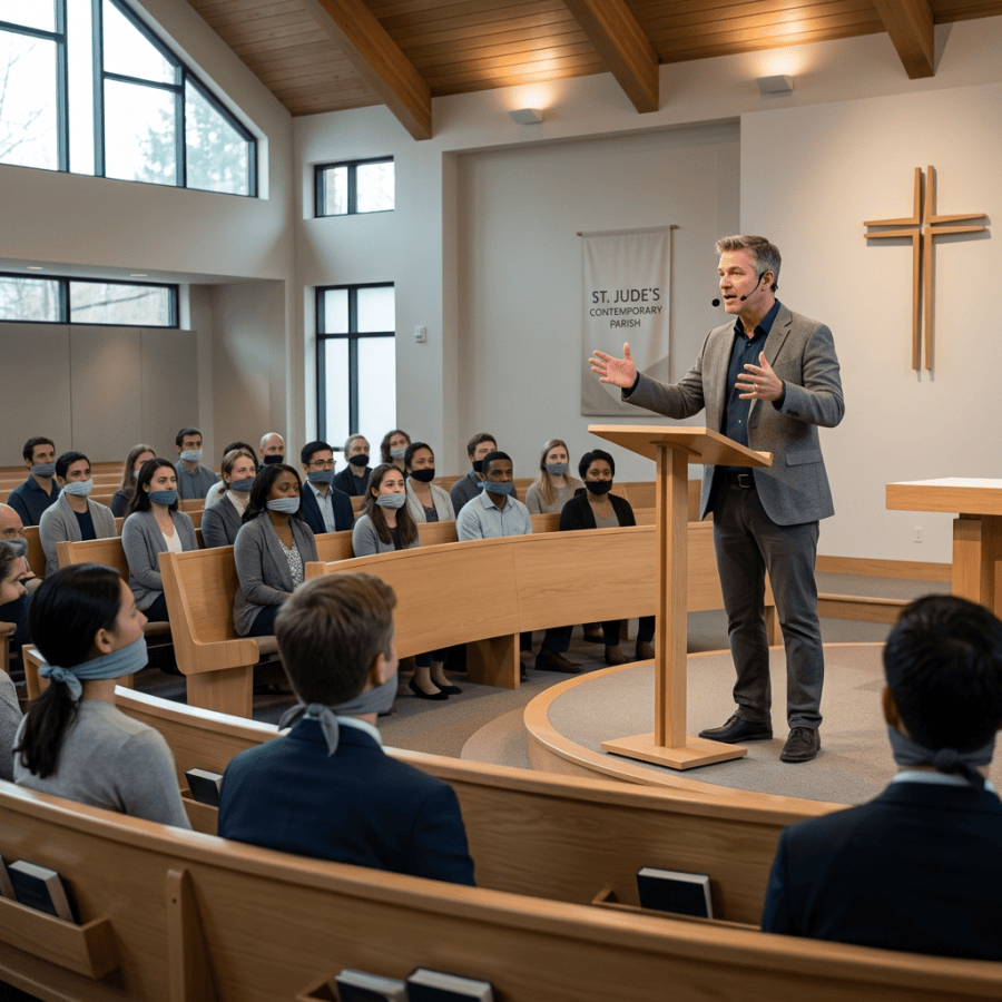 Pastor speaking at podium to seated congregation wearing masks in church