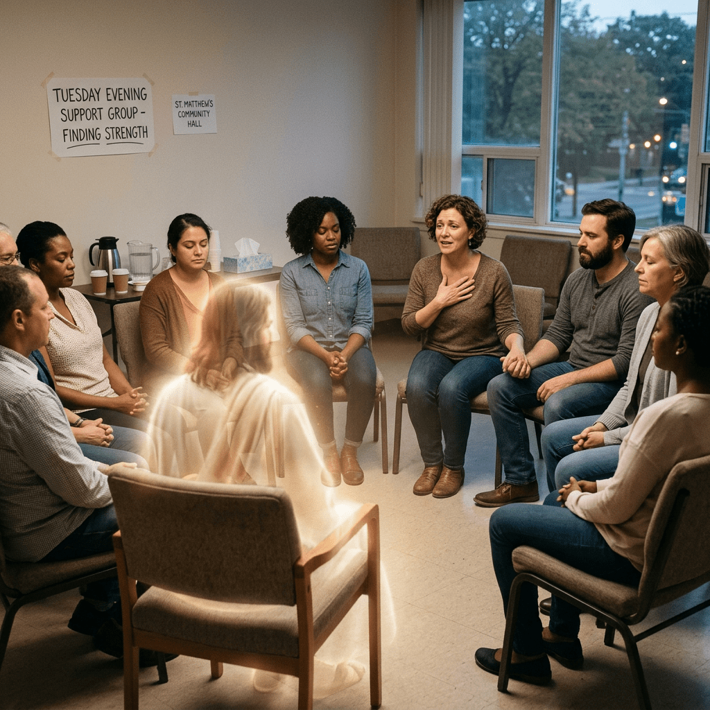 Diverse group sitting in a circle in a support group meeting with a glowing spiritual figure present