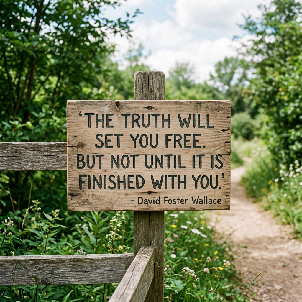 Wooden sign with quote by David Foster Wallace about truth and freedom on a nature trail