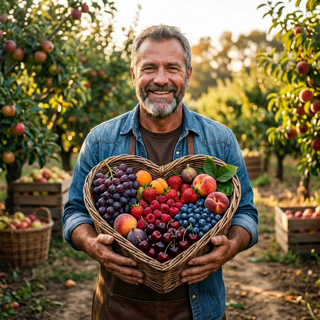 Farmer holding heart-shaped basket with grapes, strawberries, peaches, cherries, blueberries, apricots, and figs