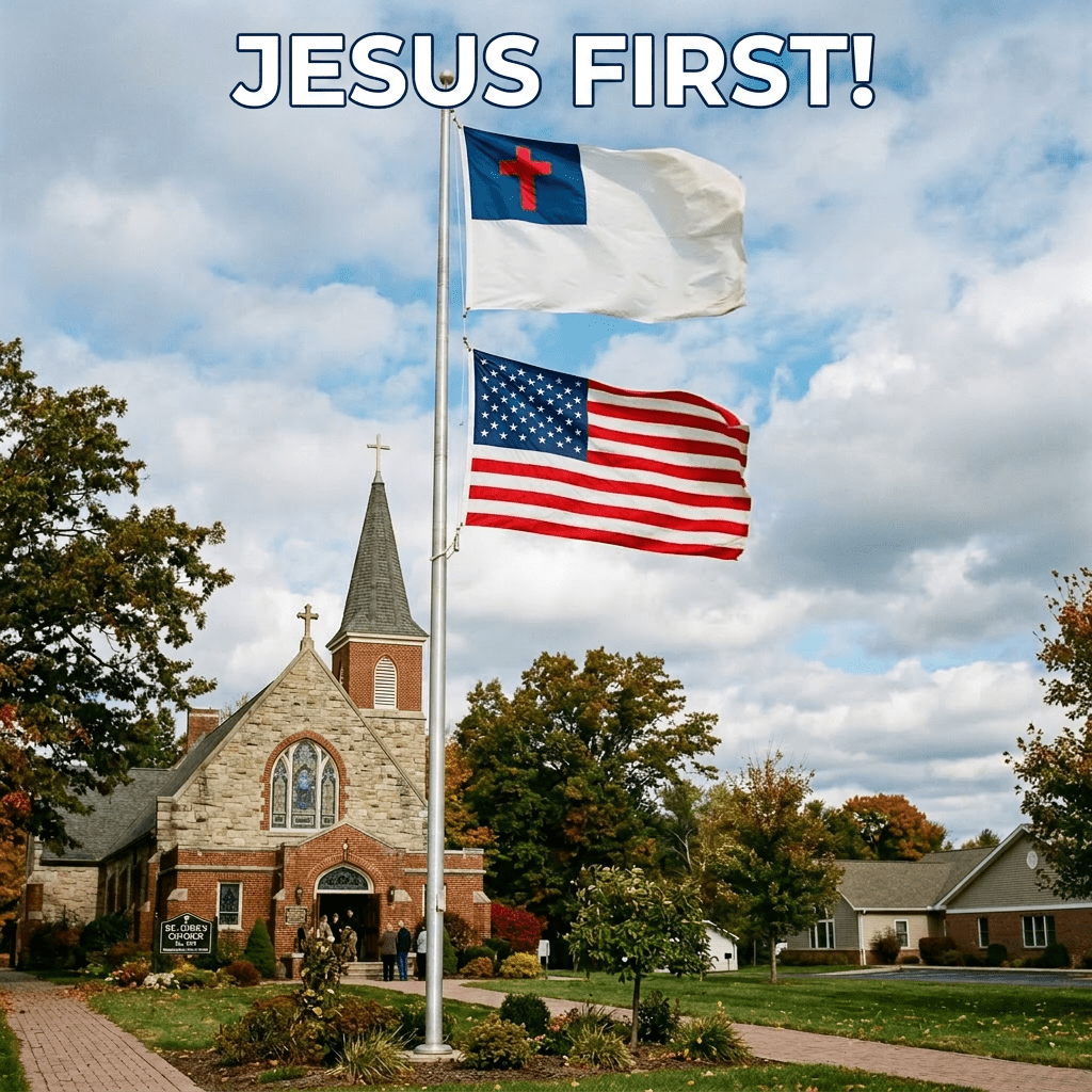 Christian flag and American flag flying on a pole outside a church with stone and brick facade