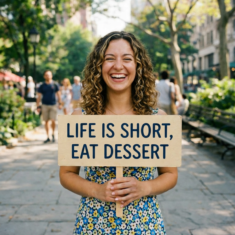Woman smiling and holding a sign reading I'm having the best day ever