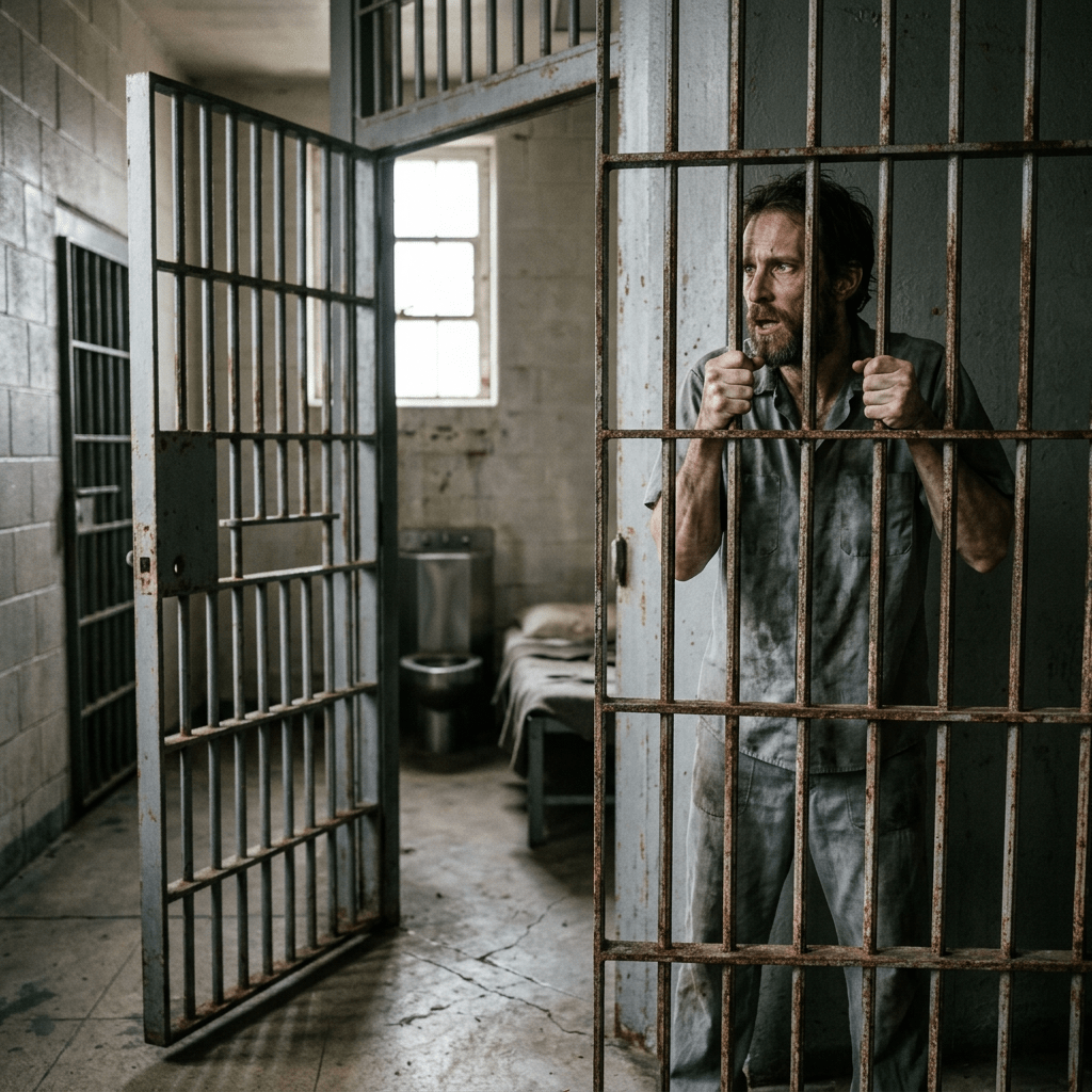 Man in dirty prison uniform holding rusty jail cell bars looking outside