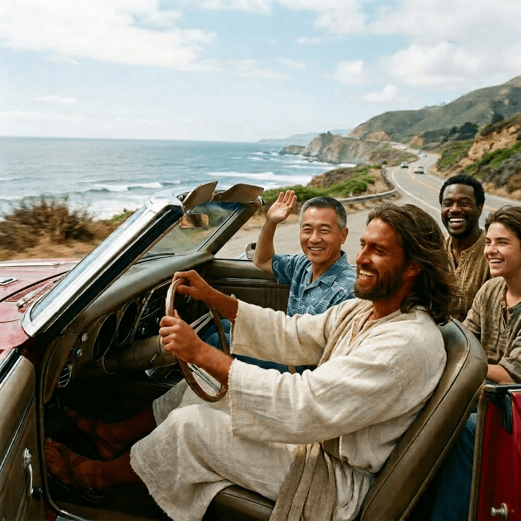 Man driving convertible car with woman smiling and waving, ocean and coastal road in background