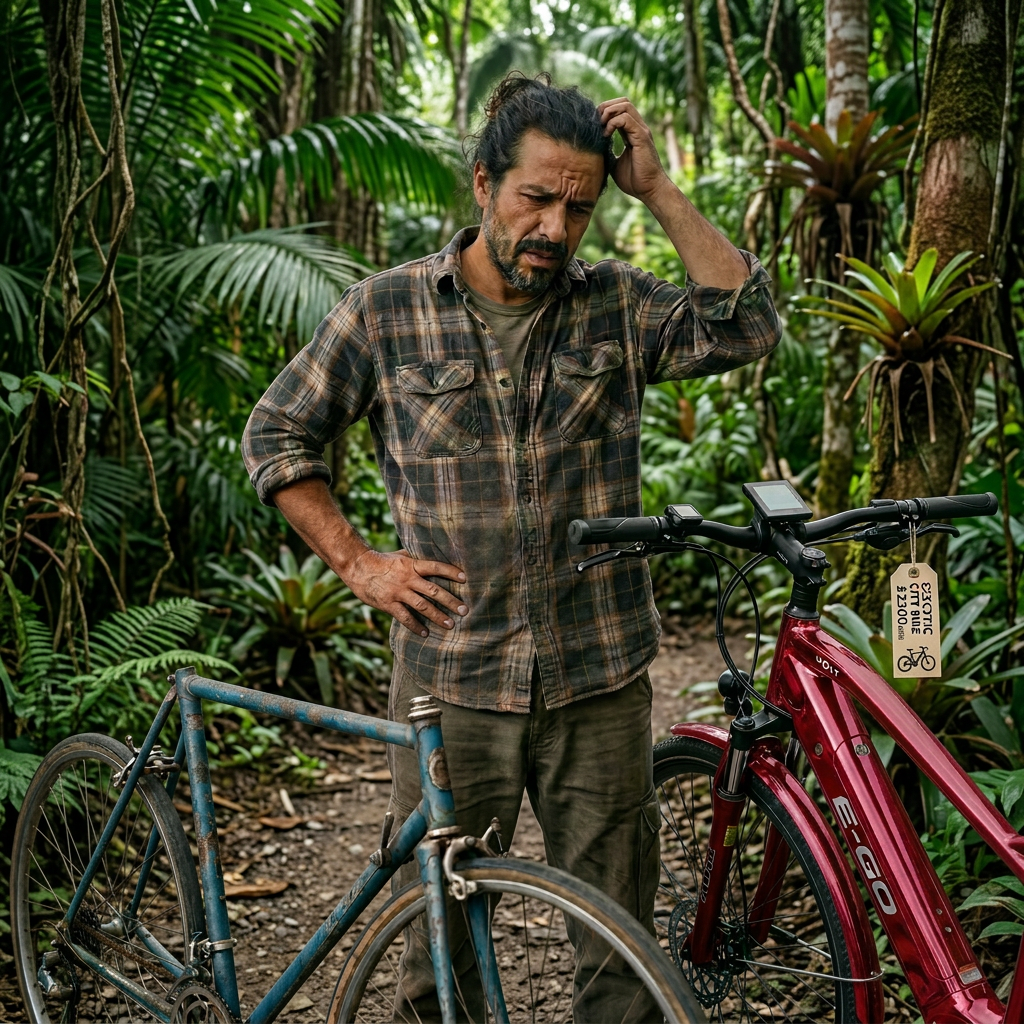 Man looking confused between rusty vintage bike and electric bike in workshop