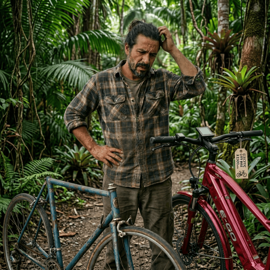 Man looking confused between rusty vintage bike and electric bike in workshop