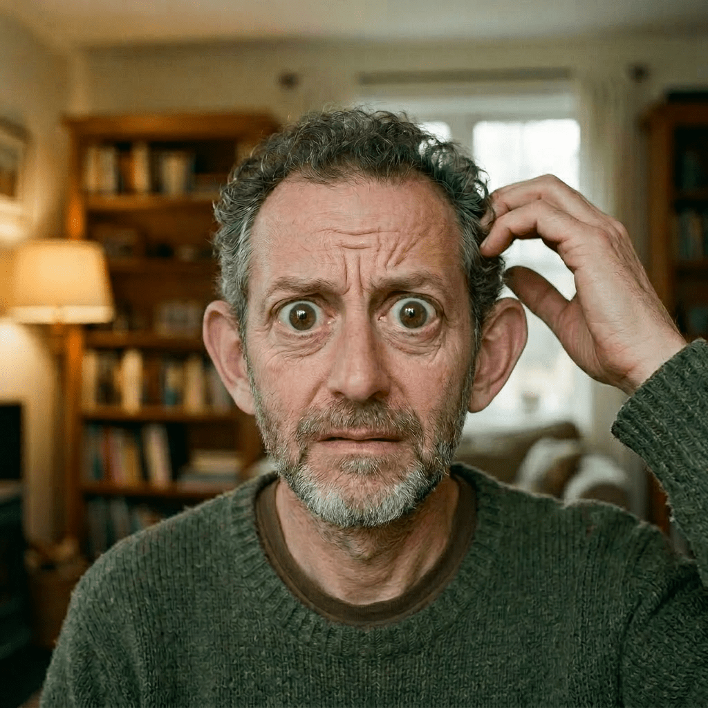 Middle-aged man with digitally exaggerated large eyes and ears, wearing a green sweater