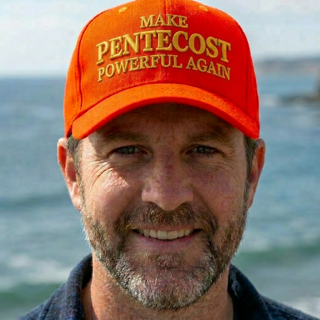 Man smiling wearing a red hat with 'Make Pentecost Powerful Again' text
