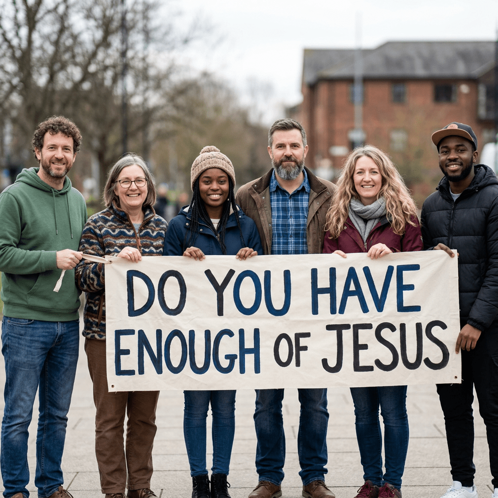 Six people holding a sign that says 'DO YOU HAVE ENOUGH OF JESUS' outdoors
