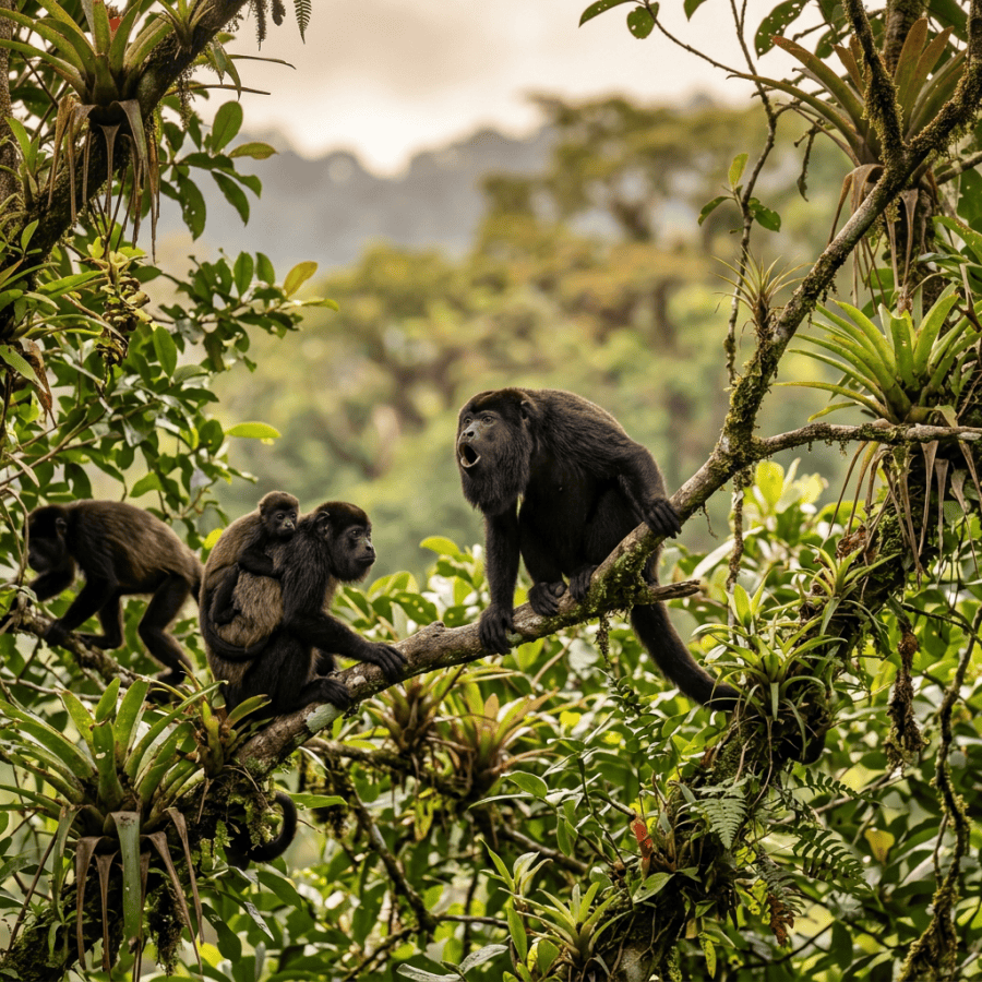 Group of howler monkeys on tree branches in green rainforest