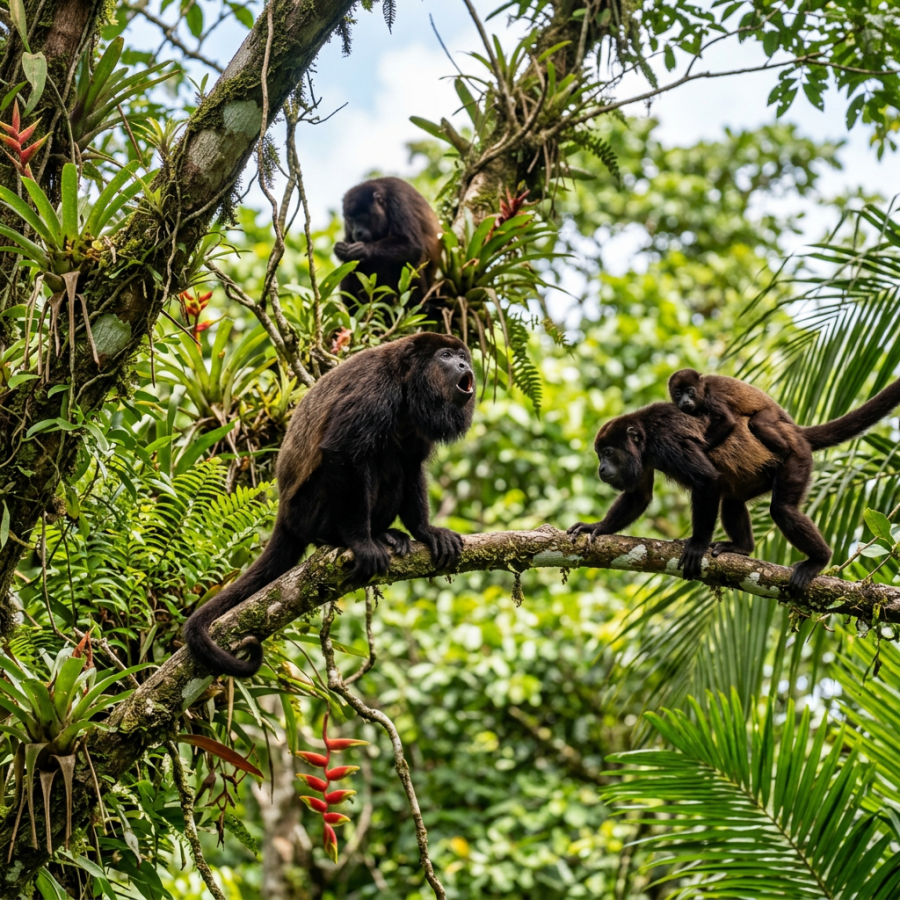 Four howler monkeys on branches in a dense tropical rainforest