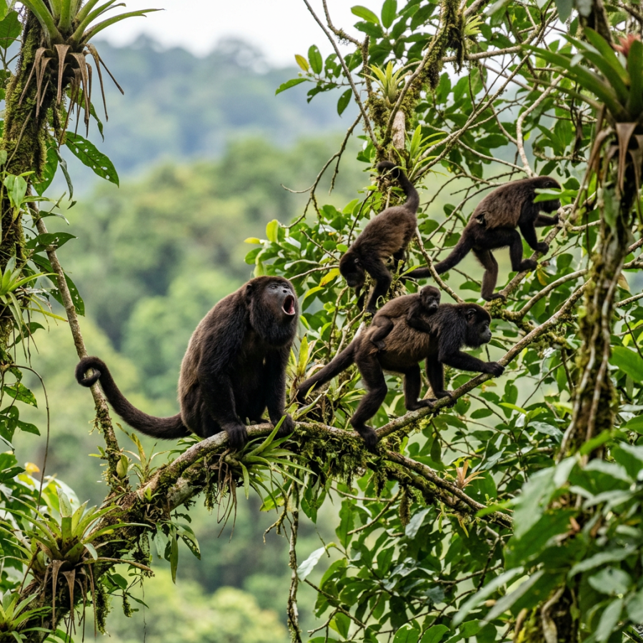 A group of howler monkeys on a tree branch in a dense green rainforest