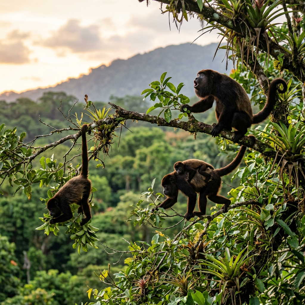 Three howler monkeys on tree branches in a dense tropical forest