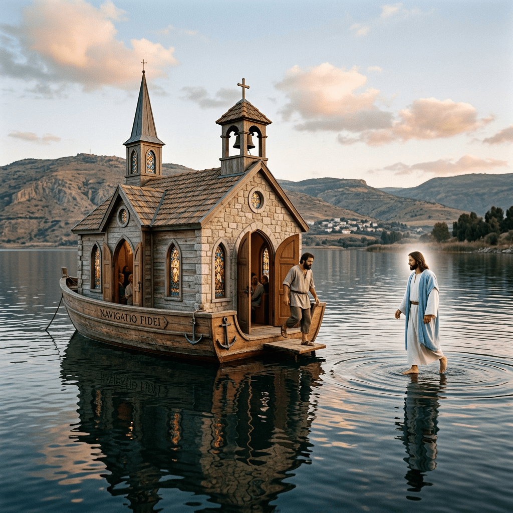 Wooden boat designed as a chapel with stained glass windows on water; man stepping out to meet another walking on water.