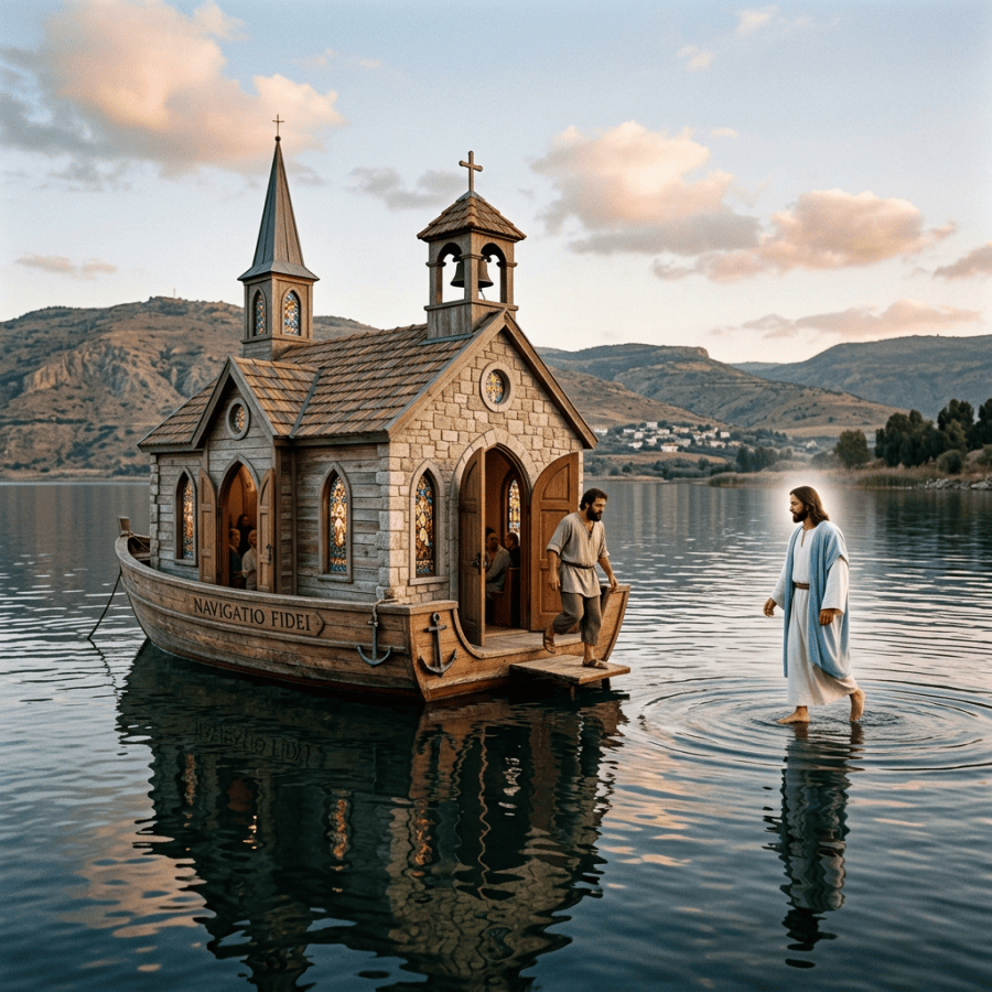 Wooden boat designed as a chapel with stained glass windows on water; man stepping out to meet another walking on water.
