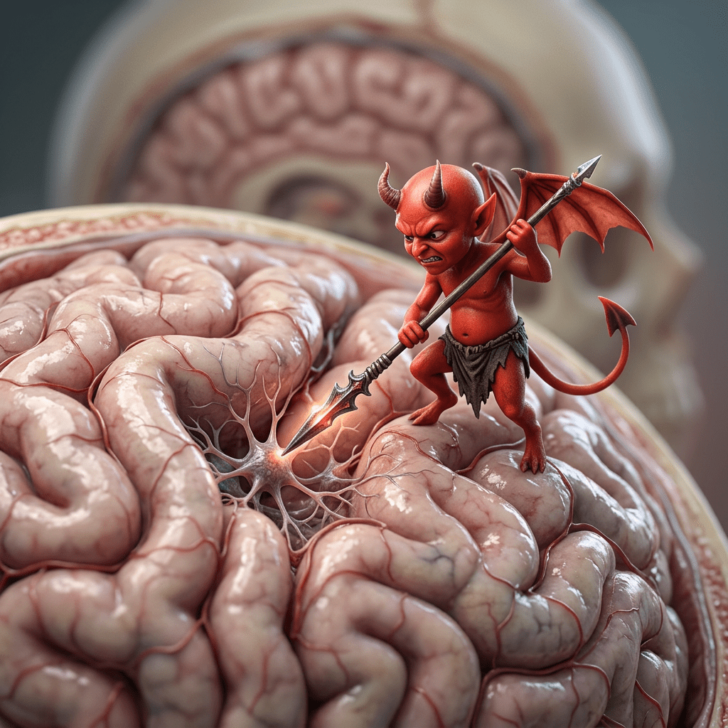Small devil figure stabbing a neuron with a spear on a human brain model