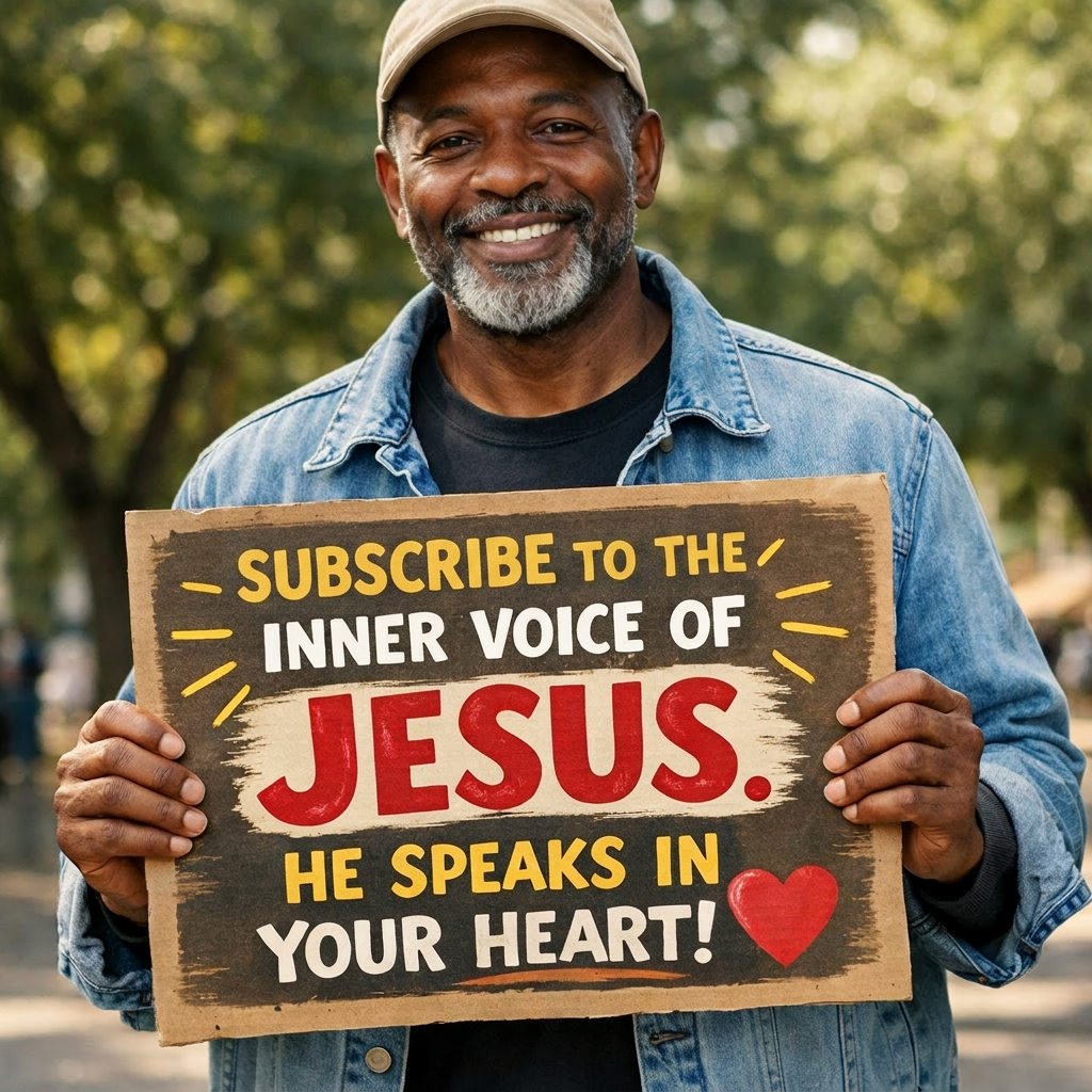 Man holding a sign that says 'Listen to the inner voice of Jesus. He speaks in your heart!'