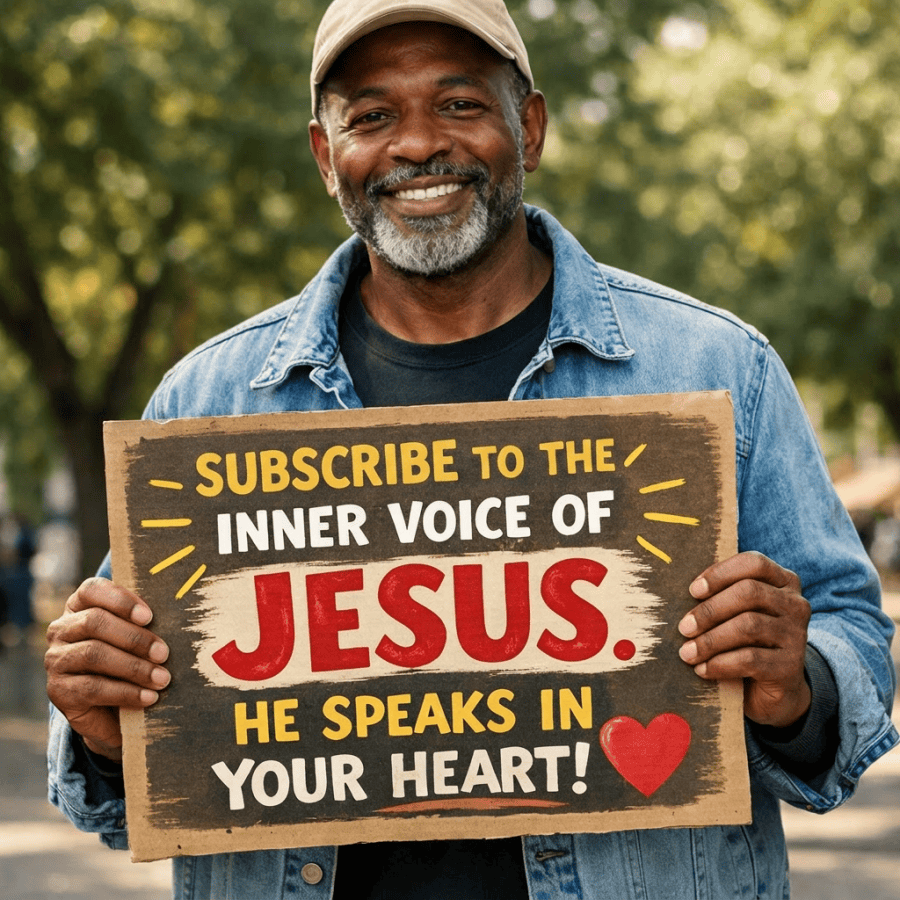 Man holding a sign that says 'Listen to the inner voice of Jesus. He speaks in your heart!'