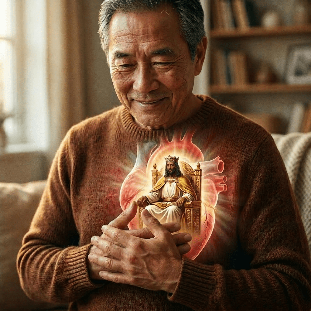 Man holding chest with glowing heart showing a king on a throne inside