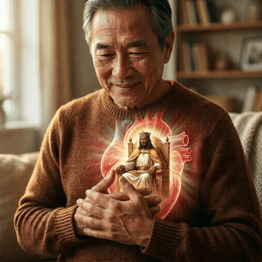 Man holding chest with glowing heart showing a king on a throne inside