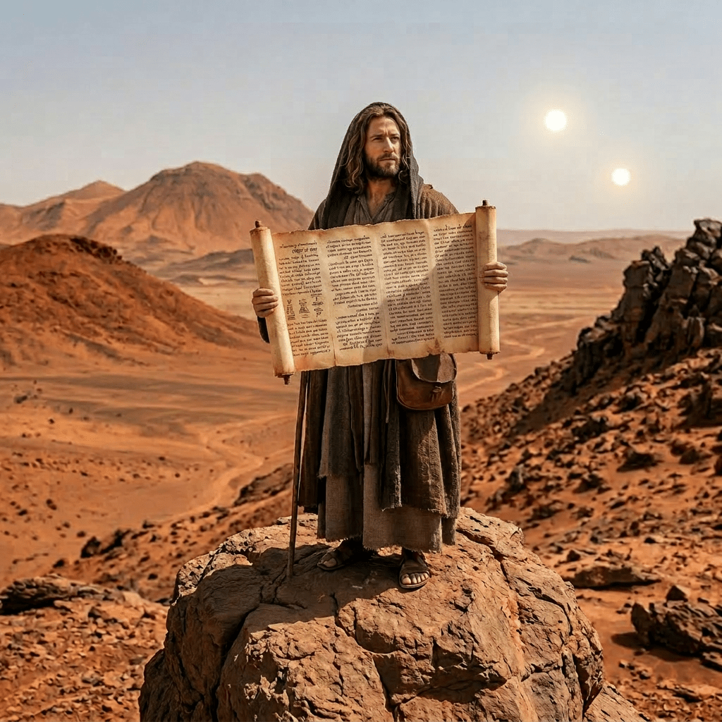 A man wearing a hooded robe holding and reading an ancient scroll in a desert