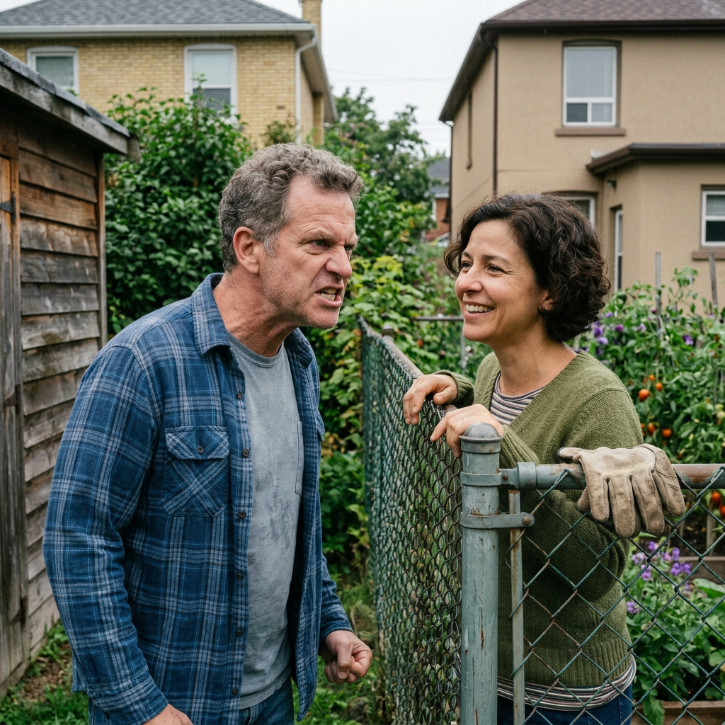 Man and woman arguing face-to-face across a backyard fence