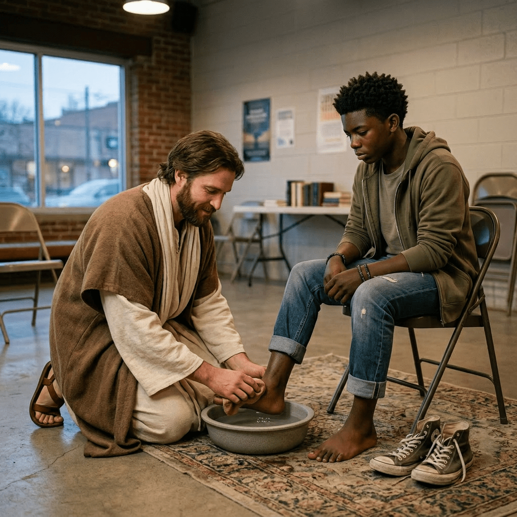 Man washing a young man's feet in a basin indoors