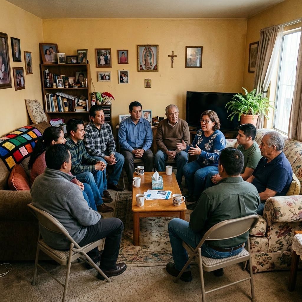 Group of nine people seated in a circle having a discussion in a living room