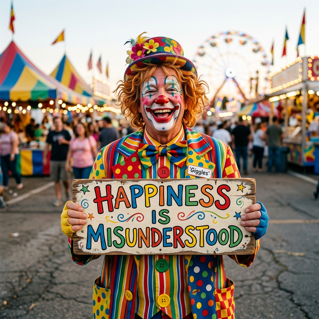Clown with colorful outfit holding a sign that says 'Happiness is Misunderstood' at a fair