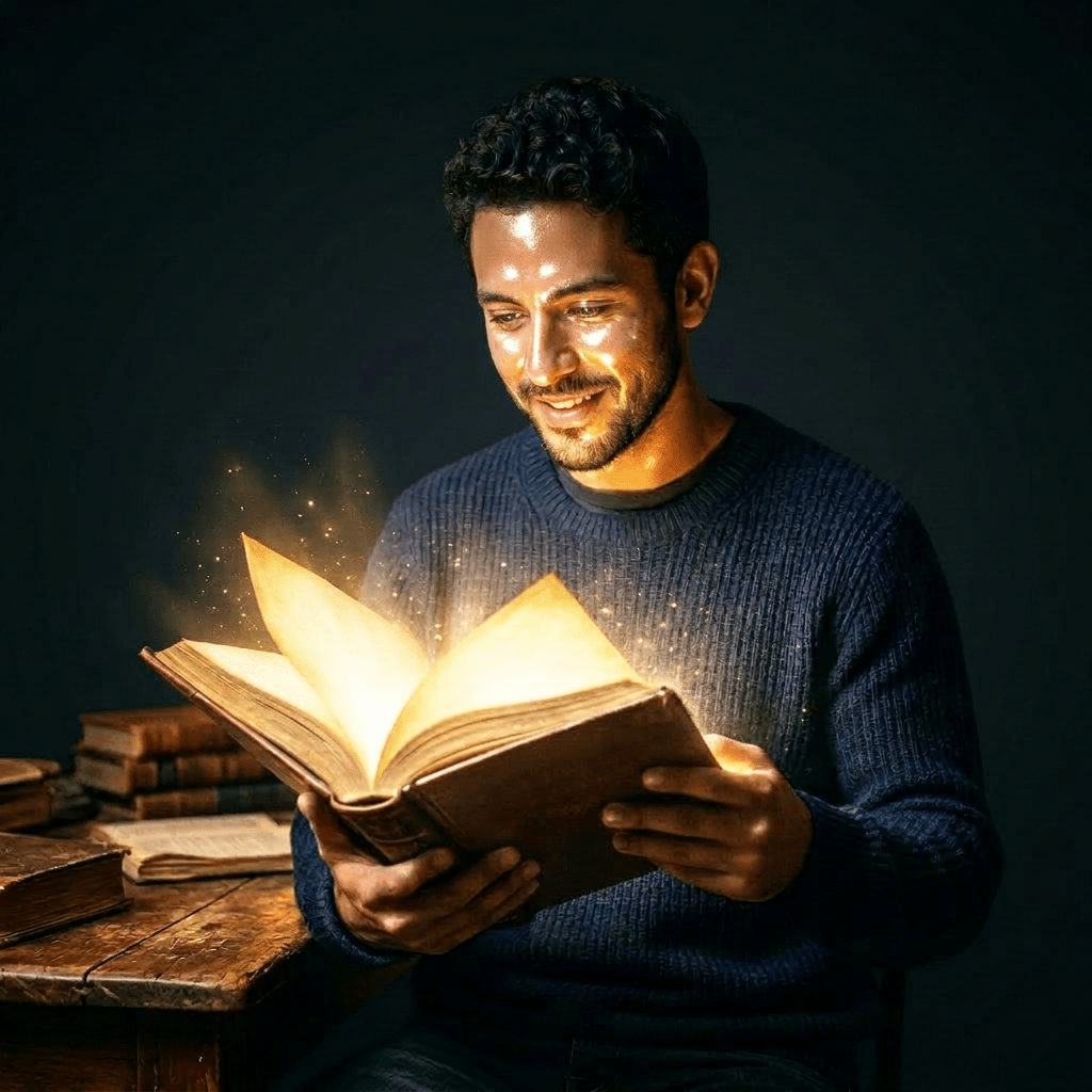 Man reading an ancient glowing book with sparkles in a library