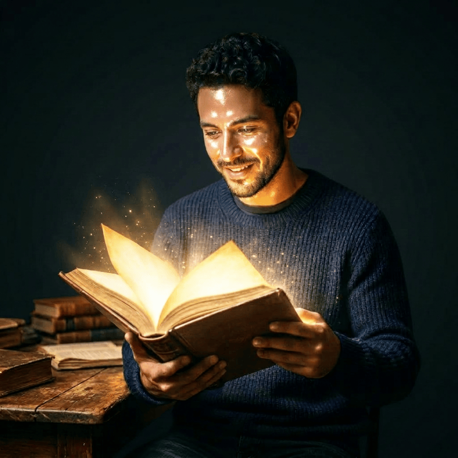 Man reading an ancient glowing book with sparkles in a library