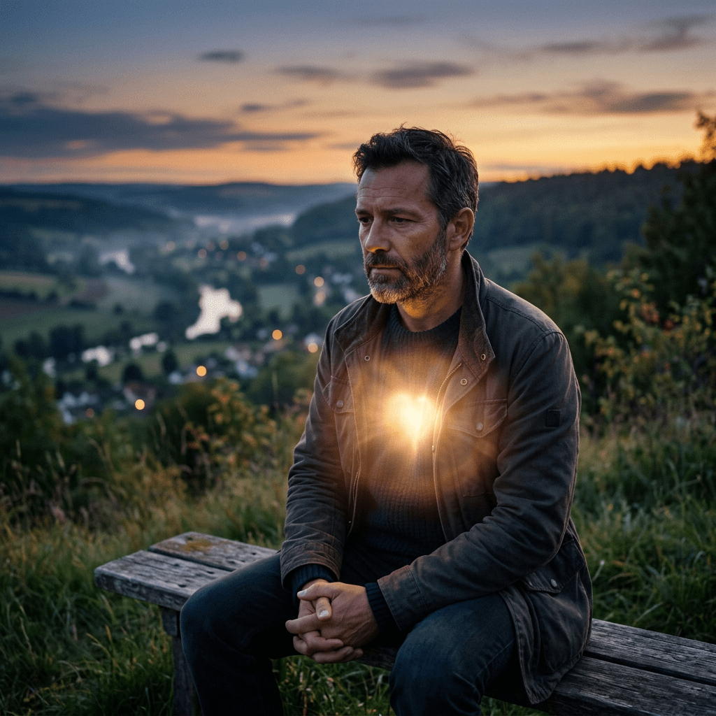 symbolic glowing light over man’s heart