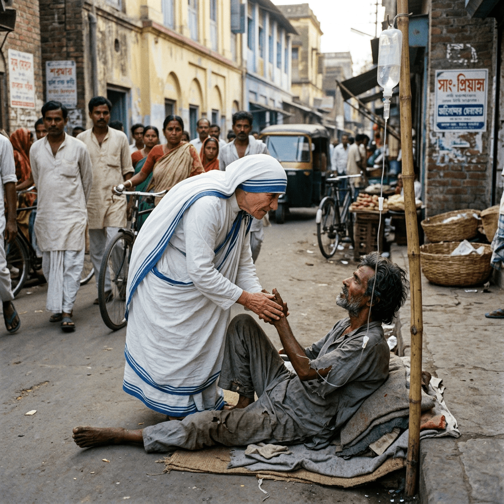 Mother Teresa holding hands with a man lying on the street receiving IV treatment