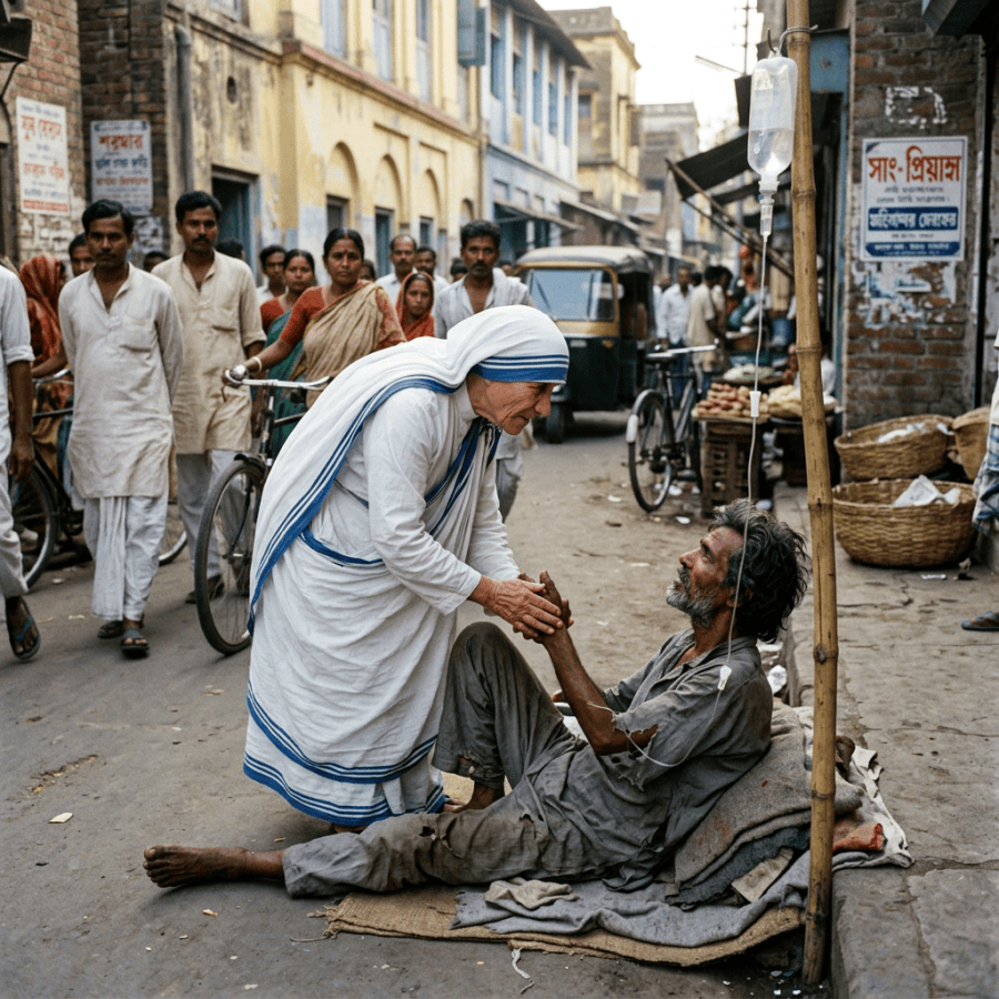 Mother Teresa holding hands with a man lying on the street receiving IV treatment