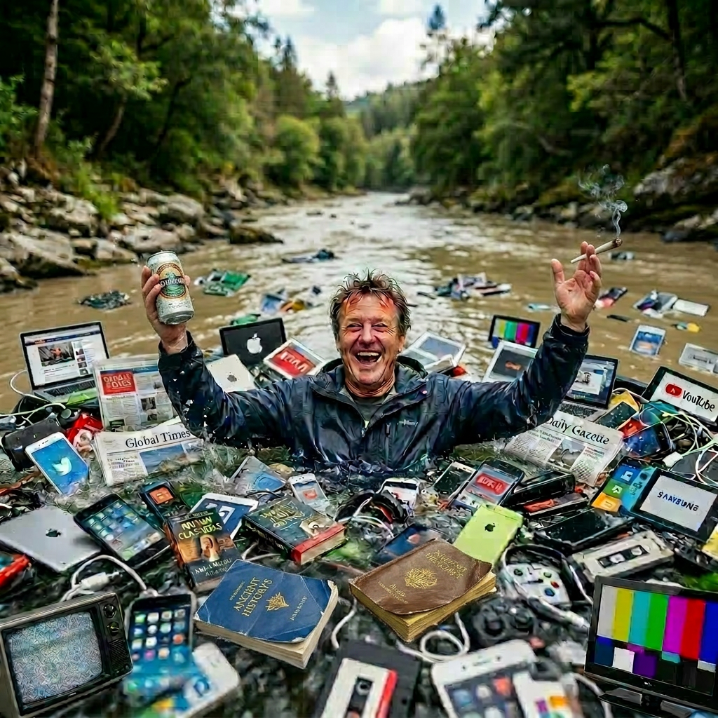 Man standing in a river surrounded by numerous smartphones, tablets, and electronic devices with app logos visible