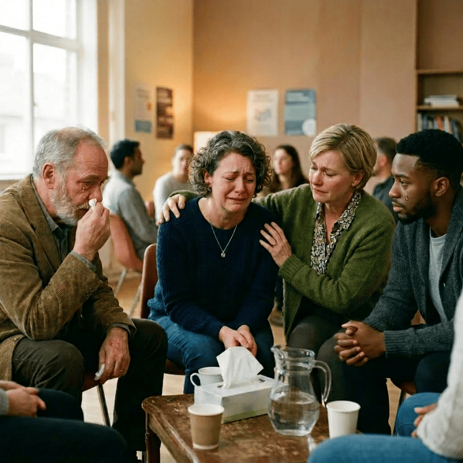 A group of people in a support session comforting a crying woman in the center.